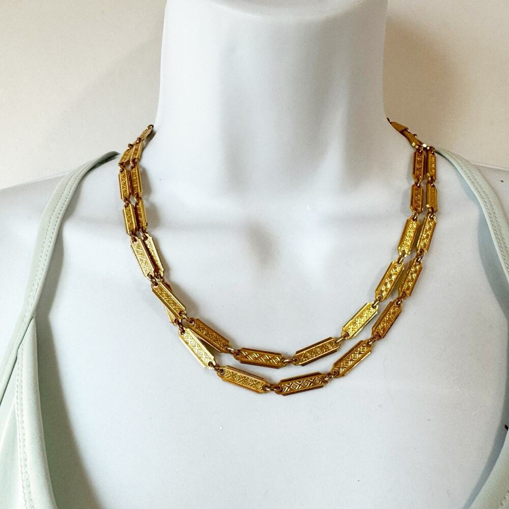 Vintage‎ Gold Tone Plated Chain Link Textured Two Strand Necklace